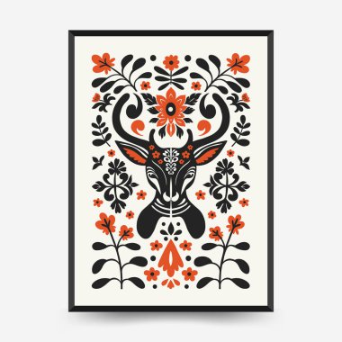 Soyut folk İskandinav sanat posterleri şablonu. Modern moda minimal tarz. Tropik orman. Duvar kağıdı, duvar dekoru, baskı, kartpostal, kapak, şablon, pankart için el çizimi tasarımı. 