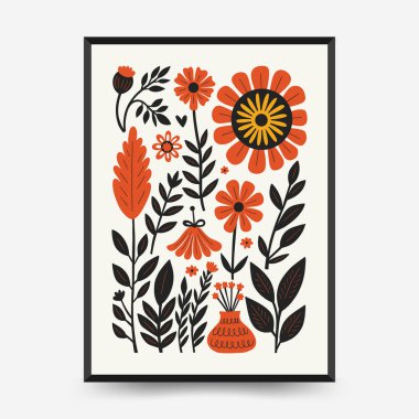 Soyut folk İskandinav sanat posterleri şablonu. Modern moda minimal tarz. Tropik orman. Duvar kağıdı, duvar dekoru, baskı, kartpostal, kapak, şablon, pankart için el çizimi tasarımı. 