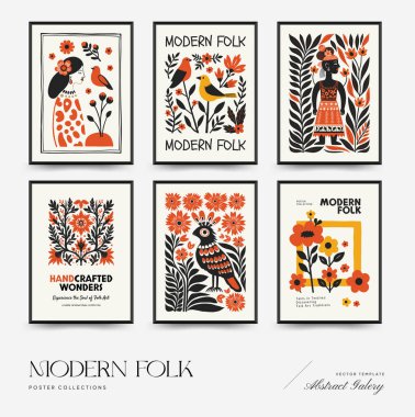 Soyut folk İskandinav sanat posterleri şablonu. Modern moda minimal tarz. Duvar kağıdı, duvar dekoru, baskı, kartpostal, kapak, şablon, pankart için el çizimi tasarımı. 