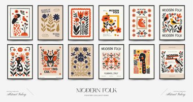 Soyut folk İskandinav sanat posterleri şablonu. Modern moda minimal tarz. Duvar kağıdı, duvar dekoru, baskı, kartpostal, kapak, şablon, pankart için el çizimi tasarımı. 