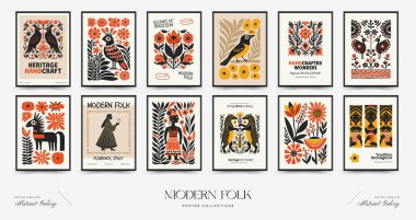 Soyut folk İskandinav sanat posterleri şablonu. Modern moda minimal tarz. Duvar kağıdı, duvar dekoru, baskı, kartpostal, kapak, şablon, pankart için el çizimi tasarımı. 
