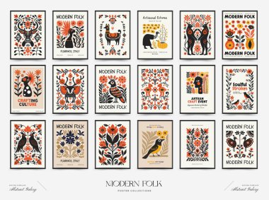Soyut folk İskandinav sanat posterleri şablonu. Modern moda minimal tarz. Duvar kağıdı, duvar dekoru, baskı, kartpostal, kapak, şablon, pankart için el çizimi tasarımı. 