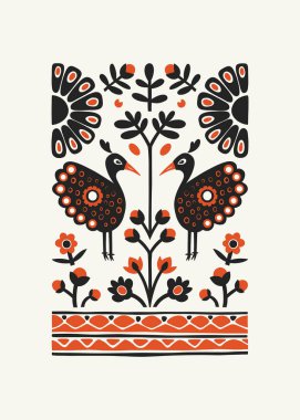 Soyut folk İskandinav sanat posterleri şablonu. Modern moda minimal tarz. Duvar kağıdı, duvar dekoru, baskı, kartpostal, kapak, şablon, pankart için el çizimi tasarımı. 