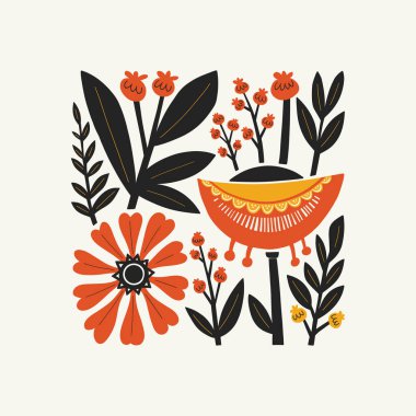 Soyut folk İskandinav sanat posterleri şablonu. Modern moda minimal tarz. Duvar kağıdı, duvar dekoru, baskı, kartpostal, kapak, şablon, pankart için el çizimi tasarımı. 