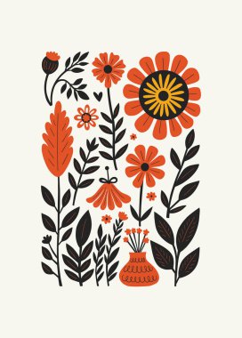 Soyut folk İskandinav sanat posterleri şablonu. Modern moda minimal tarz. Duvar kağıdı, duvar dekoru, baskı, kartpostal, kapak, şablon, pankart için el çizimi tasarımı. 