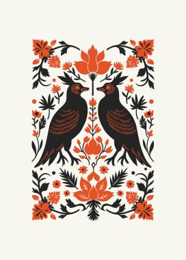 Soyut folk İskandinav sanat posterleri şablonu. Modern moda minimal tarz. Duvar kağıdı, duvar dekoru, baskı, kartpostal, kapak, şablon, pankart için el çizimi tasarımı. 