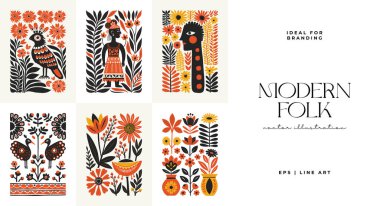 Abstract folk nordic art posters template. Modern trendy minimal style. Hand drawn design for wallpaper, wall decor, print, postcard, cover, template, banner.  clipart