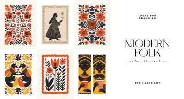 Abstract folk nordic art posters template. Modern trendy minimal style. Hand drawn design for wallpaper, wall decor, print, postcard, cover, template, banner.  clipart