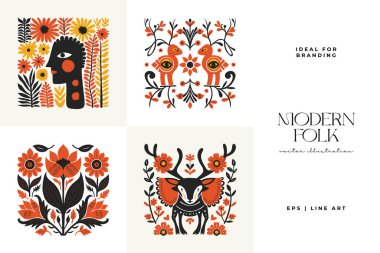 Soyut folk İskandinav sanat posterleri şablonu. Modern moda minimal tarz. Duvar kağıdı, duvar dekoru, baskı, kartpostal, kapak, şablon, pankart için el çizimi tasarımı. 