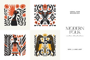 Abstract folk nordic art posters template. Modern trendy minimal style. Hand drawn design for wallpaper, wall decor, print, postcard, cover, template, banner.  clipart