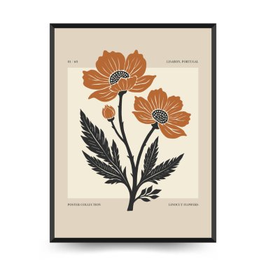 Soyut linocut çiçek posteri şablonu. Modern moda minimal tarz. Siyah ve beyaz renkler. Botanik tıkanıklığı. Duvar kağıdı, duvar dekoru, baskı, kartpostal, kapak, şablon için el çizimi tasarımı. 