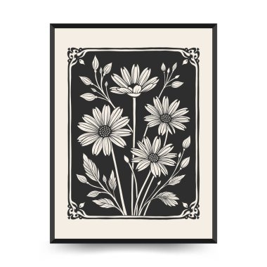 Soyut linocut çiçek posteri şablonu. Modern moda minimal tarz. Siyah ve beyaz renkler. Botanik tıkanıklığı. Duvar kağıdı, duvar dekoru, baskı, kartpostal, kapak, şablon için el çizimi tasarımı. 