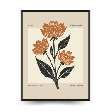 Soyut linocut çiçek posteri şablonu. Modern moda minimal tarz. Siyah ve beyaz renkler. Botanik tıkanıklığı. Duvar kağıdı, duvar dekoru, baskı, kartpostal, kapak, şablon için el çizimi tasarımı. 