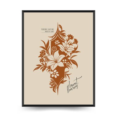 Soyut linocut çiçek posteri şablonu. Modern moda minimal tarz. Siyah ve beyaz renkler. Botanik tıkanıklığı. Duvar kağıdı, duvar dekoru, baskı, kartpostal, kapak, şablon için el çizimi tasarımı. 