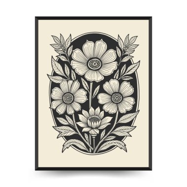 Soyut linocut çiçek posteri şablonu. Modern moda minimal tarz. Siyah ve beyaz renkler. Botanik tıkanıklığı. Duvar kağıdı, duvar dekoru, baskı, kartpostal, kapak, şablon için el çizimi tasarımı. 