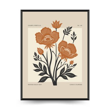 Soyut linocut çiçek posteri şablonu. Modern moda minimal tarz. Siyah ve beyaz renkler. Botanik tıkanıklığı. Duvar kağıdı, duvar dekoru, baskı, kartpostal, kapak, şablon için el çizimi tasarımı. 