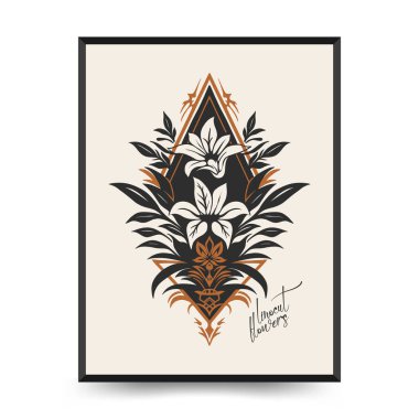 Soyut linocut çiçek posteri şablonu. Modern moda minimal tarz. Siyah ve beyaz renkler. Botanik tıkanıklığı. Duvar kağıdı, duvar dekoru, baskı, kartpostal, kapak, şablon için el çizimi tasarımı. 