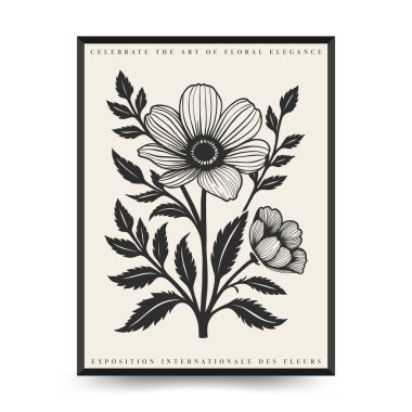 Soyut linocut çiçek posteri şablonu. Modern moda minimal tarz. Siyah ve beyaz renkler. Botanik tıkanıklığı. Duvar kağıdı, duvar dekoru, baskı, kartpostal, kapak, şablon için el çizimi tasarımı. 