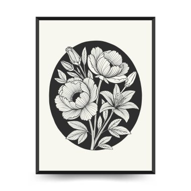 Soyut linocut çiçek posteri şablonu. Modern moda minimal tarz. Siyah ve beyaz renkler. Botanik tıkanıklığı. Duvar kağıdı, duvar dekoru, baskı, kartpostal, kapak, şablon için el çizimi tasarımı. 
