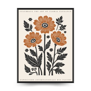Soyut linocut çiçek posteri şablonu. Modern moda minimal tarz. Siyah ve beyaz renkler. Botanik tıkanıklığı. Duvar kağıdı, duvar dekoru, baskı, kartpostal, kapak, şablon için el çizimi tasarımı. 