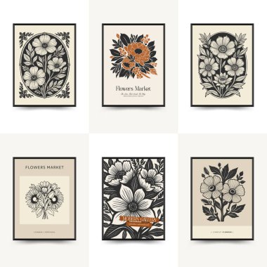 Soyut linocut çiçek posteri şablonu. Modern moda minimal tarz. Siyah ve beyaz renkler. Botanik tıkanıklığı. Duvar kağıdı, duvar dekoru, baskı, kartpostal, kapak, şablon için el çizimi tasarımı. 