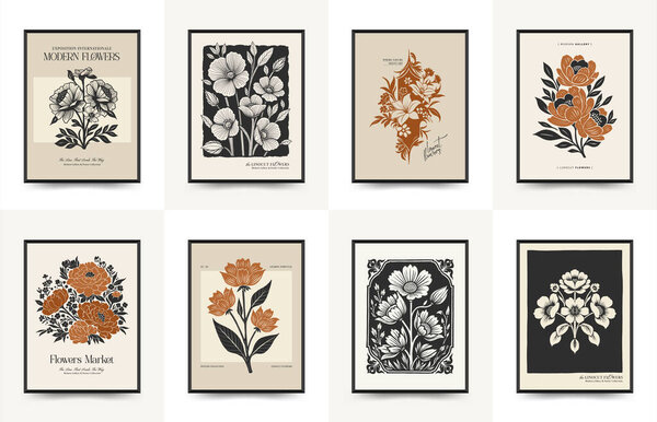 Abstract linocut floral posters template. Modern trendy minimal style. Black and white colors. Botanical blockprint. Hand drawn design for wallpaper, wall decor, print, postcard, cover, template. 