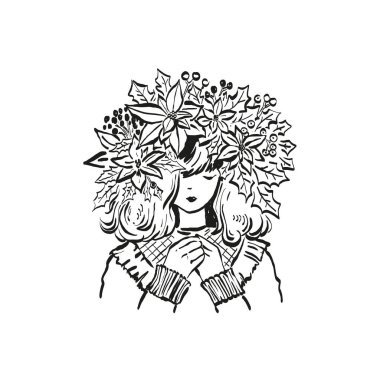 Mutlu Noeller ve mutlu yıllar illüstrasyonları, tebrik kartları, posterler, tatil örtüleri için. Xmas şenlikli linocut siyah el çizimi.