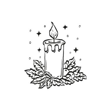 Mutlu Noeller ve mutlu yıllar illüstrasyonları, tebrik kartları, posterler, tatil örtüleri için. Xmas şenlikli linocut siyah el çizimi.