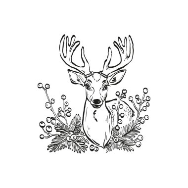 Mutlu Noeller ve mutlu yıllar illüstrasyonları, tebrik kartları, posterler, tatil örtüleri için. Xmas şenlikli linocut siyah el çizimi.