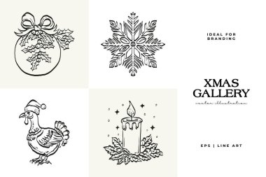 Mutlu Noeller ve mutlu yıllar illüstrasyonları, tebrik kartları, posterler, tatil örtüleri için. Xmas şenlikli linocut siyah el çizimi.