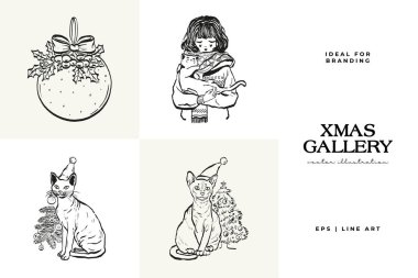 Mutlu Noeller ve mutlu yıllar illüstrasyonları, tebrik kartları, posterler, tatil örtüleri için. Xmas şenlikli linocut siyah el çizimi.