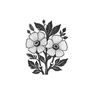 Botanik çizimi. Minimum bitki logosu, botanik çizim çizimi, çayır yeşilliği, yaprak ve çiçek açan soyut çizim elemanları koleksiyonu, kırsal dal. 