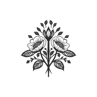 Botanik çizimi. Minimum bitki logosu, botanik çizim çizimi, çayır yeşilliği, yaprak ve çiçek açan soyut çizim elemanları koleksiyonu, kırsal dal. 
