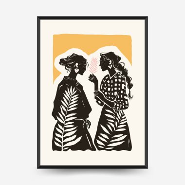 Modern Linocut Romantik, Sevgililer Günü blok baskı dikey el ilanı veya poster şablonu. Aşk el çizimi moda illüstrasyon.