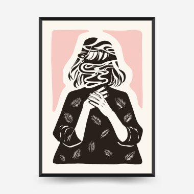 Modern Linocut Romantik, Sevgililer Günü blok baskı dikey el ilanı veya poster şablonu. Aşk el çizimi moda illüstrasyon.