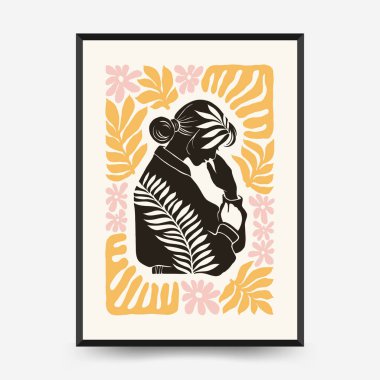 Modern Linocut Romantik, Sevgililer Günü blok baskı dikey el ilanı veya poster şablonu. Aşk el çizimi moda illüstrasyon.