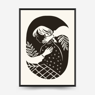 Modern Linocut Romantik, Sevgililer Günü blok baskı dikey el ilanı veya poster şablonu. Aşk el çizimi moda illüstrasyon.