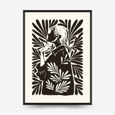Modern Linocut Romantik, Sevgililer Günü blok baskı dikey el ilanı veya poster şablonu. Aşk el çizimi moda illüstrasyon.