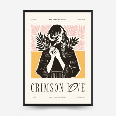 Modern Linocut Romantik, Sevgililer Günü blok baskı dikey el ilanı veya poster şablonu. Aşk el çizimi moda illüstrasyon.