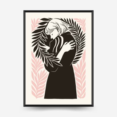 Modern Linocut Romantik, Sevgililer Günü blok baskı dikey el ilanı veya poster şablonu. Aşk el çizimi moda illüstrasyon.