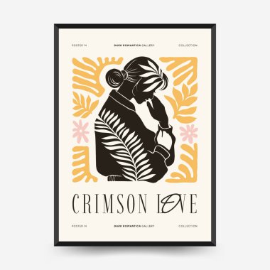 Modern Linocut Romantik, Sevgililer Günü blok baskı dikey el ilanı veya poster şablonu. Aşk el çizimi moda illüstrasyon.