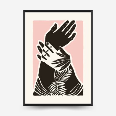 Modern Linocut Romantik, Sevgililer Günü blok baskı dikey el ilanı veya poster şablonu. Aşk el çizimi moda illüstrasyon.