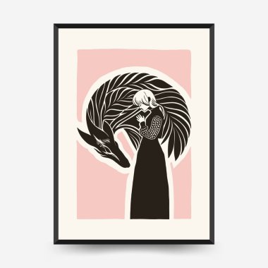 Modern Linocut Romantik, Sevgililer Günü blok baskı dikey el ilanı veya poster şablonu. Aşk el çizimi moda illüstrasyon.