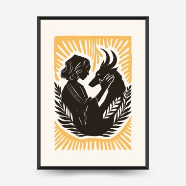 Modern Linocut Romantik, Sevgililer Günü blok baskı dikey el ilanı veya poster şablonu. Aşk el çizimi moda illüstrasyon.