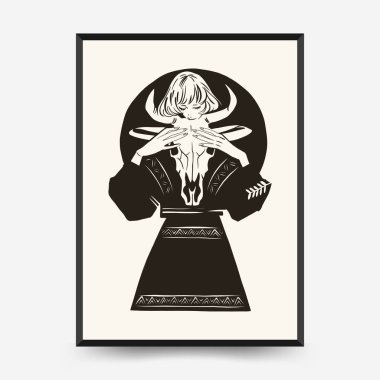 Modern Linocut Romantik, Sevgililer Günü blok baskı dikey el ilanı veya poster şablonu. Aşk el çizimi moda illüstrasyon.