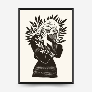 Modern Linocut Romantik, Sevgililer Günü blok baskı dikey el ilanı veya poster şablonu. Aşk el çizimi moda illüstrasyon.