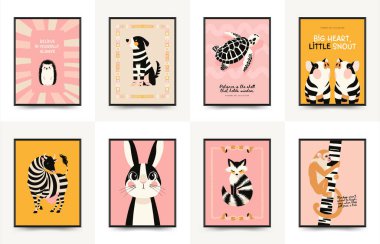 Soyut Çocuk Odası posterleri hayvanlarla dolu. Modern modaya uygun çocuklar. Duvar kağıdı, duvar dekoru, baskı, kartpostal, kapak, şablon, pankart için el çizimi tasarımı. 