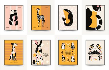 Abstract Childrens Room posters template with animals. Modern trendy Kids minimal style. Hand drawn design for wallpaper, wall decor, print, postcard, cover, template, banner.  clipart