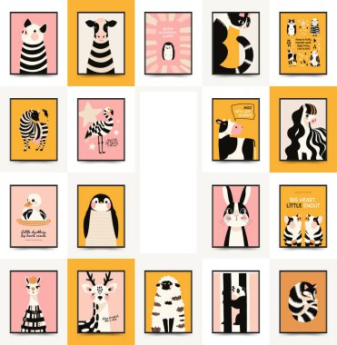 Soyut Çocuk Odası posterleri hayvanlarla dolu. Modern modaya uygun çocuklar. Duvar kağıdı, duvar dekoru, baskı, kartpostal, kapak, şablon, pankart için el çizimi tasarımı. 