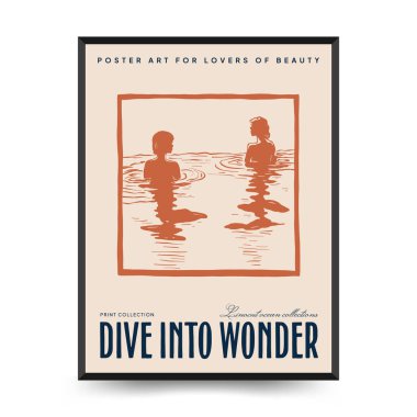 Su altı dünyası, okyanus, deniz, balık ve deniz kabukları dikey uçucu ya da poster şablonu. Modern trend Matisse asgari stili.